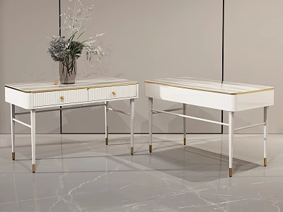 Modern White Desks with Gold Accents Metal Legs Drawers and Vase Decoration 3d model