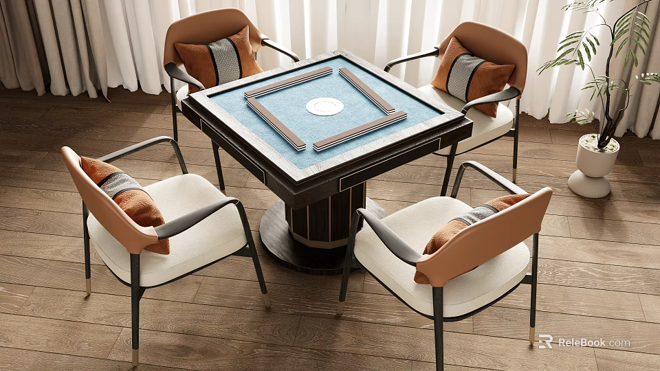 Elegant Entertainment Table With Mahjong Tiles And Brown Beige Cushioned Chairs In Indoor Wooden Floor 3d model 