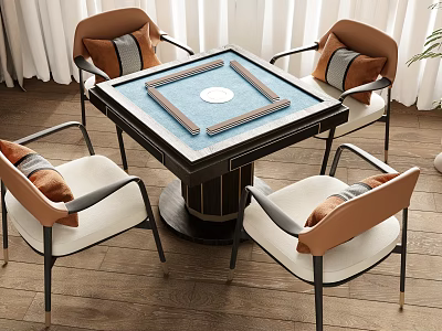 Elegant Entertainment Table With Mahjong Tiles And Brown Beige Cushioned Chairs In Indoor Wooden Floor 3d model