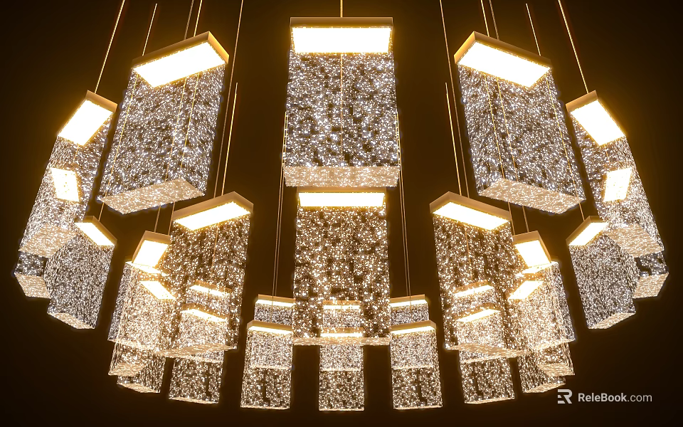 Elegant Modern Sparkling Square Shaped Multiple Hanging Chandeliers Lighting Fixture 3d model 