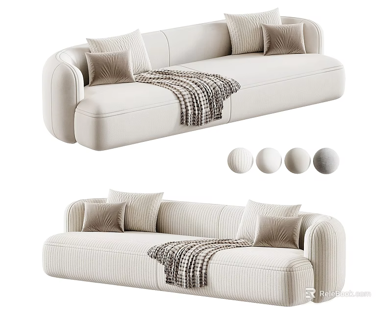 Modern Cream Multi Person Sofa With Soft Cushions And Plaid Blanket 3d model 