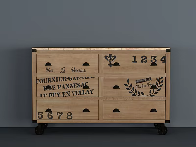 Vintage Wooden Entryway Side Cabinet With Decorative Letters Drawers And Rolling Wheels 3d model