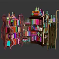 Enchanting Fantasy Bookshelf With Colorful Books Bottles And Unique Wooden Decorative Structure