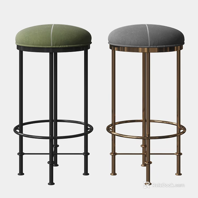 Modern Green And Gray Upholstered Bar Stools With Black And Gold Metal Legs 3d model 