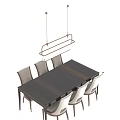Modern Dark Wooden Dining Table Set With Six Light Leather Chairs And Rectangular Chandelier 3d model