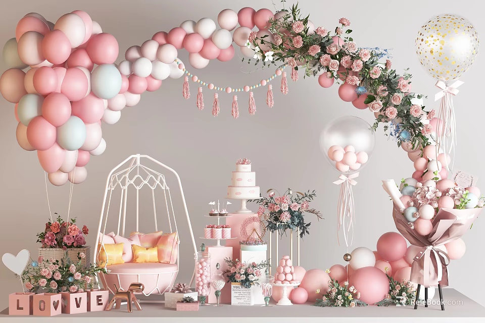 Pink Party Decor Scene With Balloon Arch Flowers Cake And Swing Chair 3d model 