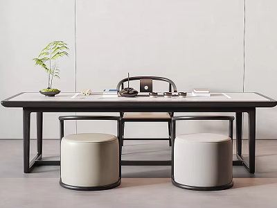 Modern Tea Table with Beige Stools Tea Set and Potted Plant in Minimalist Design 3d model