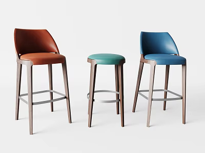 Modern Design Bar Stools With Brown Teal Blue Leather Seats Wooden Legs And Metal Footrests 3d model