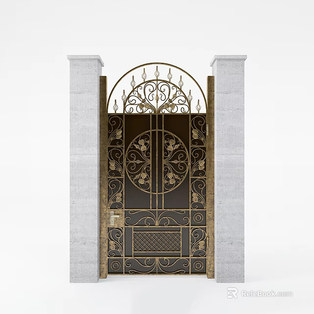 Ornate Metal Gate With Intricate Ironwork Floral Patterns Arched Top And Stone Pillars 3d model 
