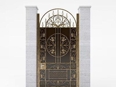 Ornate Metal Gate With Intricate Ironwork Floral Patterns Arched Top And Stone Pillars 3d model