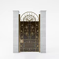 Ornate Metal Gate With Intricate Ironwork Floral Patterns Arched Top And Stone Pillars