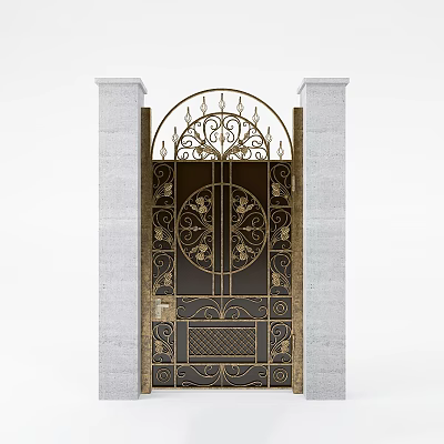 Ornate Metal Gate With Intricate Ironwork Floral Patterns Arched Top And Stone Pillars 3d model