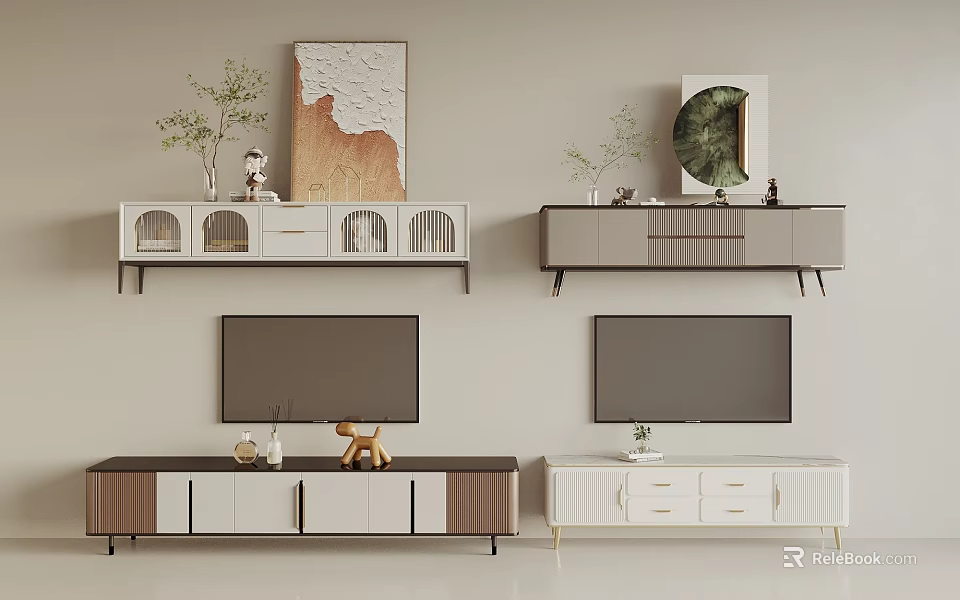 Modern TV Stand Designs With Wooden And White Finishes Drawers Cabinets TV And Decorative Plants 3d model 