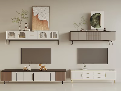 Modern TV Stand Designs With Wooden And White Finishes Drawers Cabinets TV And Decorative Plants 3d model