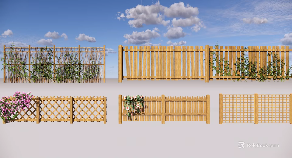 Various Wooden Fence Designs With Lattice Vertical Slats And Decorative Greenery 3d model 