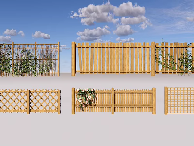 Various Wooden Fence Designs With Lattice Vertical Slats And Decorative Greenery 3d model