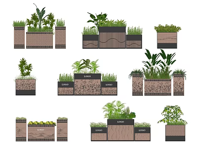 Decorative Flower Planters with Various Designs and Green Plants for Garden Landscaping 3d model