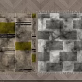 Square Area Rug With Green Brown Gray White Geometric Patchwork And Fringed Edges 3d model