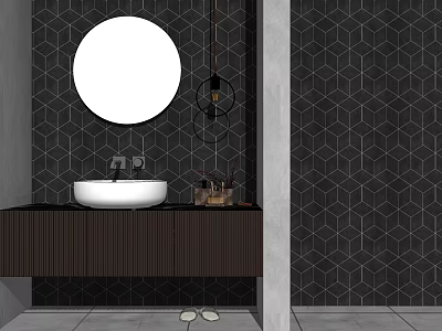 Modern Bathroom Vanity Featuring Wooden Cabinet White Basin Round Mirror And Black Hexagonal Tile Wall 3d model