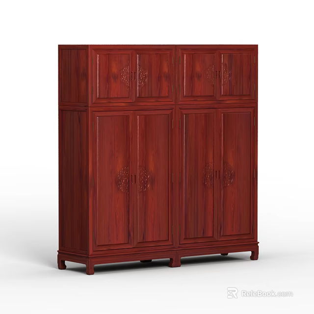 Dark Red Wooden Wardrobe With Traditional Carved Patterns And Solid Structure 3d model