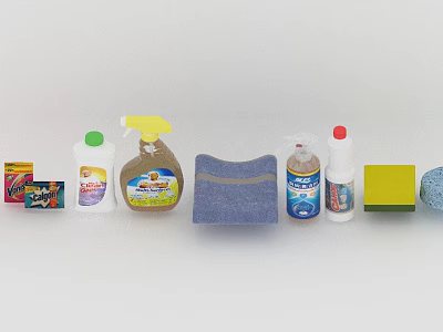 Essential Daily Cleaning Supplies Including Spray Cleaner Liquid Detergent Cloth And Sponge 3d model