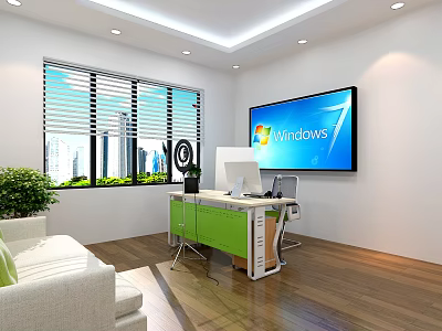 Bright Public Office Space With Green Desk White Sofa Large Screen Monitor And City View 3d model