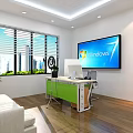 Bright Public Office Space With Green Desk White Sofa Large Screen Monitor And City View