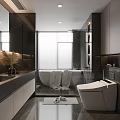 Modern Bathroom Interior With White Bathtub Smart Toilet Marble Walls Countertop Mirror And Blinds