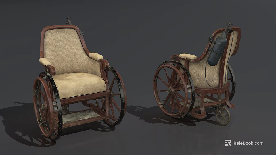 Vintage Medical Device Wheelchair Featuring Wooden Frame Beige Upholstery And Armrests 3d model 