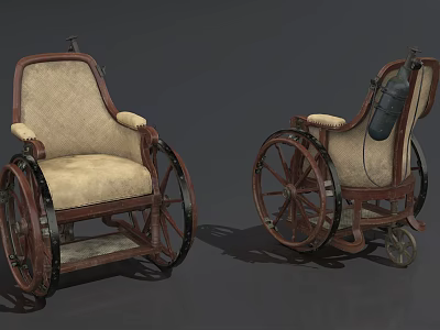Vintage Medical Device Wheelchair Featuring Wooden Frame Beige Upholstery And Armrests 3d model