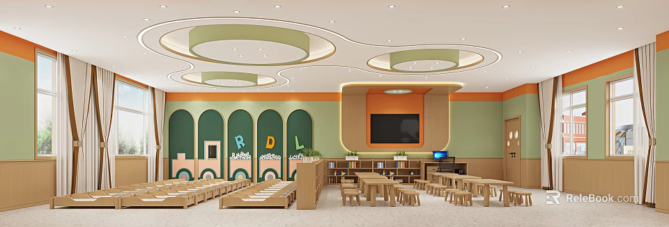 Colorful Kindergarten Classroom With Learning Spaces And Furniture 3d model 