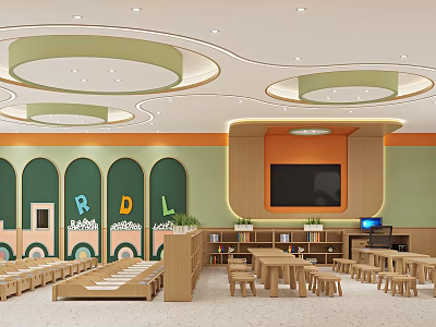 Colorful Kindergarten Classroom With Learning Spaces And Furniture 3d model