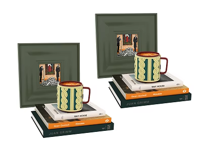 Decorative Home Living Supplies With Green Framed Pictures Mugs On Stacked Books 3d model