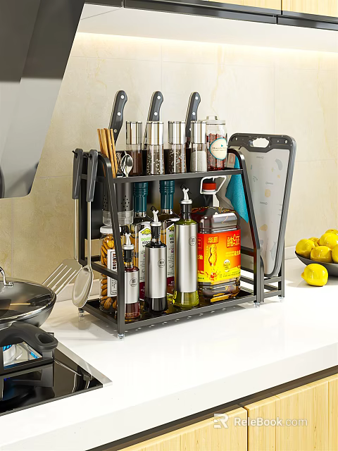 Multi layer Metal Kitchen Storage Rack with Knives Spices Bottles and Cutting Board 3d model