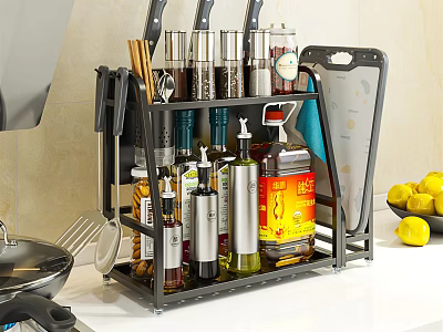 Multi layer Metal Kitchen Storage Rack with Knives Spices Bottles and Cutting Board 3d model