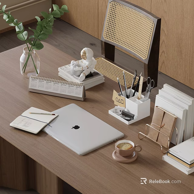 Wooden Desk Decorative Ornament Set With Vase Calendar Sculpture Pen Holder Notebook And Coffee Cup 3d model 