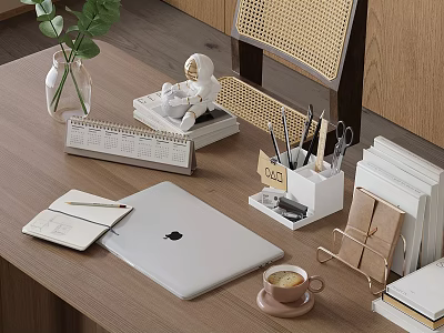 Wooden Desk Decorative Ornament Set With Vase Calendar Sculpture Pen Holder Notebook And Coffee Cup 3d model