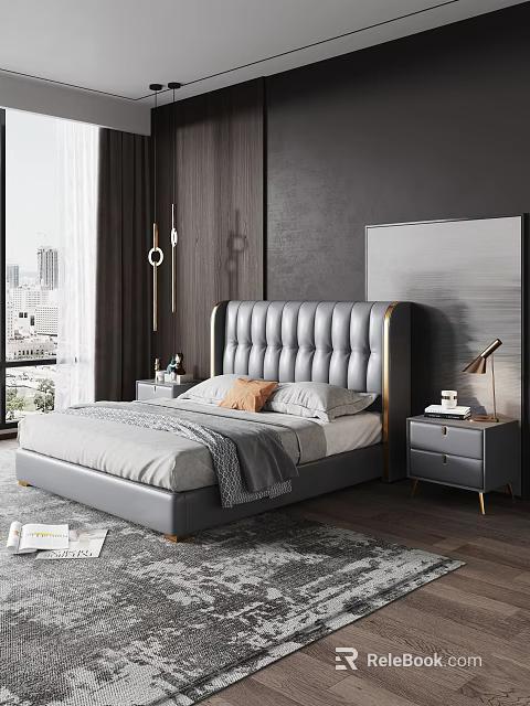 Gray Double Bed With Button Tufted Upholstered Headboard Gold Accents And Nightstands 3d model 