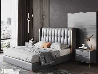 Gray Double Bed With Button Tufted Upholstered Headboard Gold Accents And Nightstands 3d model