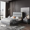 Gray Double Bed With Button Tufted Upholstered Headboard Gold Accents And Nightstands