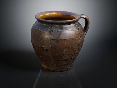 Handmade Traditional Clay Pot with Crackled Texture and Curved Handle on Dark Reflective Surface 3d model