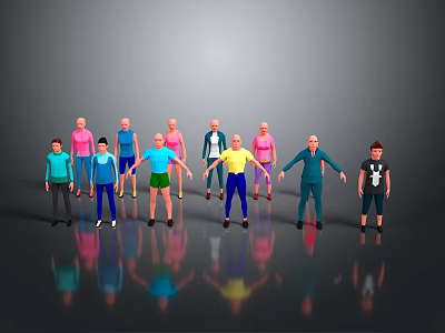 Multiple Colorful 3D Characters With Various Outfits Standing In Different Poses 3d model