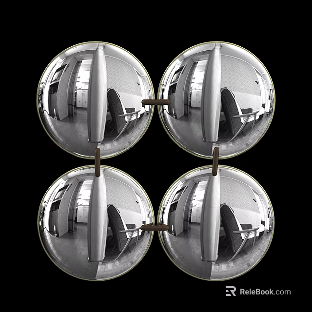 Four Round Mirrors with Metal Frames Reflecting Indoor Scenery in Decorative Arrangement 3d model 