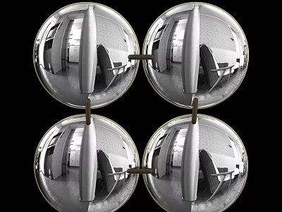Four Round Mirrors with Metal Frames Reflecting Indoor Scenery in Decorative Arrangement 3d model