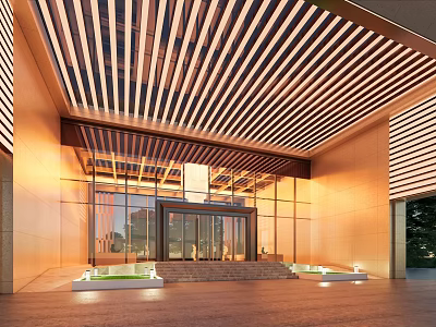 Modern Sales Office Building With Wooden Striped Ceiling And Glass Curtain Walls 3d model