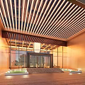Modern Sales Office Building With Wooden Striped Ceiling And Glass Curtain Walls