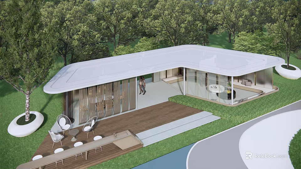 Modern Open Outdoor Pergola With Wooden Deck Relaxing Seating And Green Trees 3d model 