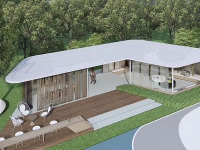Modern Open Outdoor Pergola With Wooden Deck Relaxing Seating And Green Trees 3d model