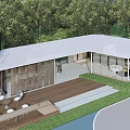 Modern Open Outdoor Pergola With Wooden Deck Relaxing Seating And Green Trees