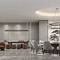 Modern Private Dining Room Interior With Round Table And Pendant Lights 3d model
